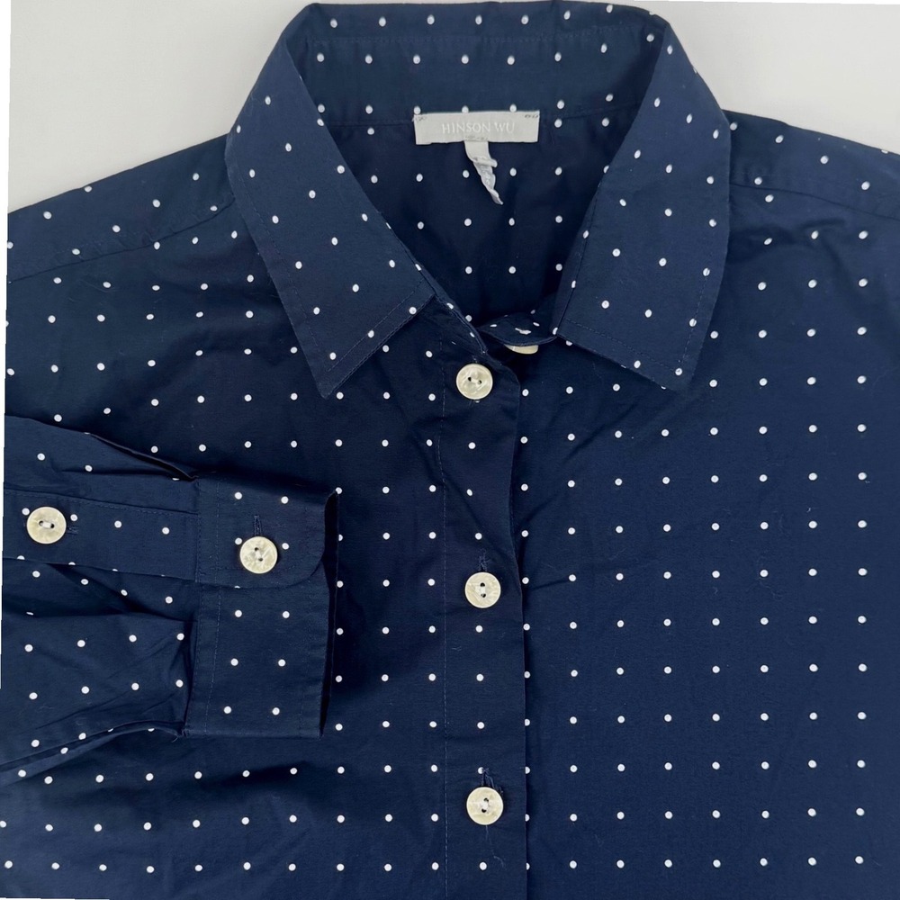 Hinson Wu Women's M Halsey Navy Blue Polka Dot Cotton Blend Button Down Shirt